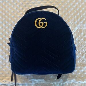 Gucci Marmont Navy Velvet Backpack with Gold Logo